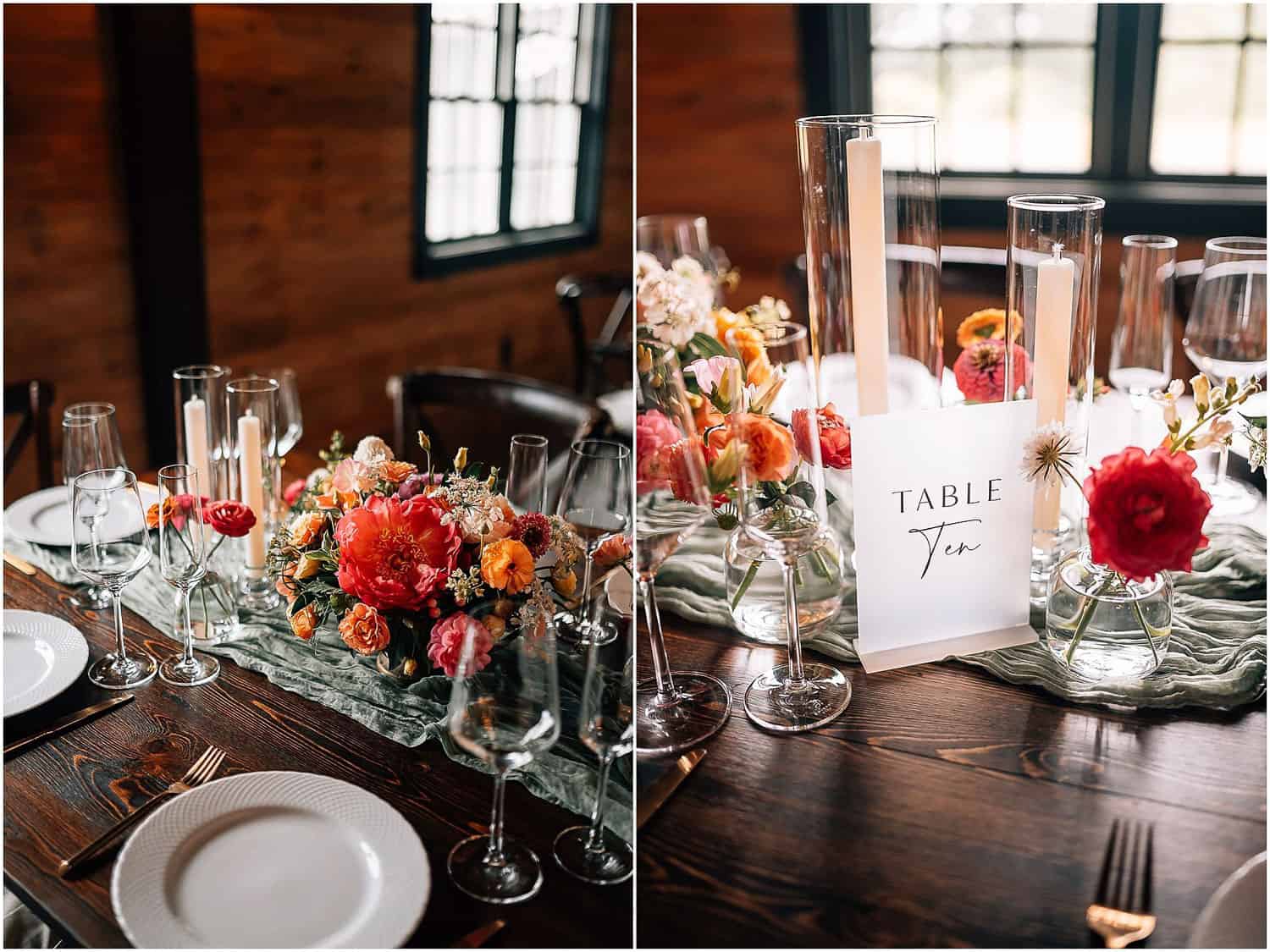 Elegant wedding table setting with floral centerpiece and tall glass vases, next to a 'table ten' sign in a rustic venue.