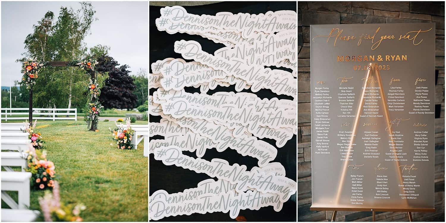 A collage of a wedding ceremony, featuring a wedding arch, an easel with guests' names on it, and hashtags.