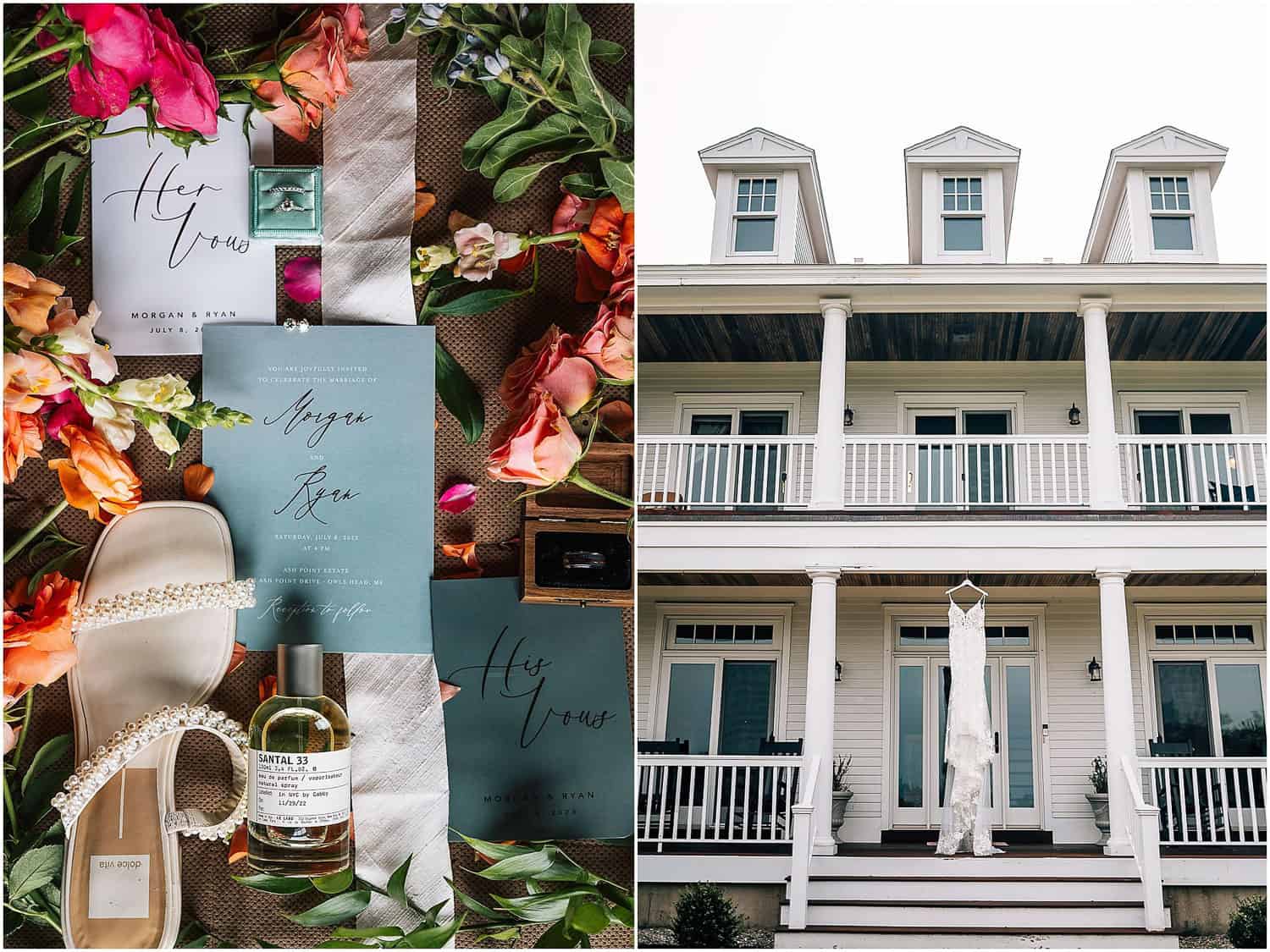 Wedding accessories amid flowers. Right: white two-story house, bridal dress hanging at front door.
