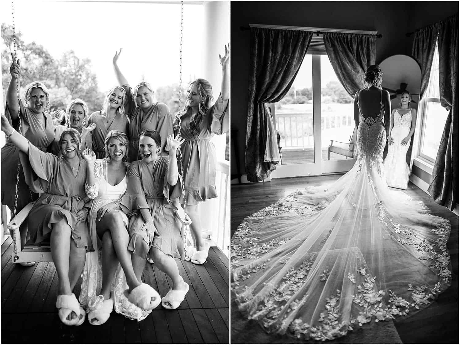 Collage of a bride with her bridesmaids and a photo of her alone, in front of a mirror.