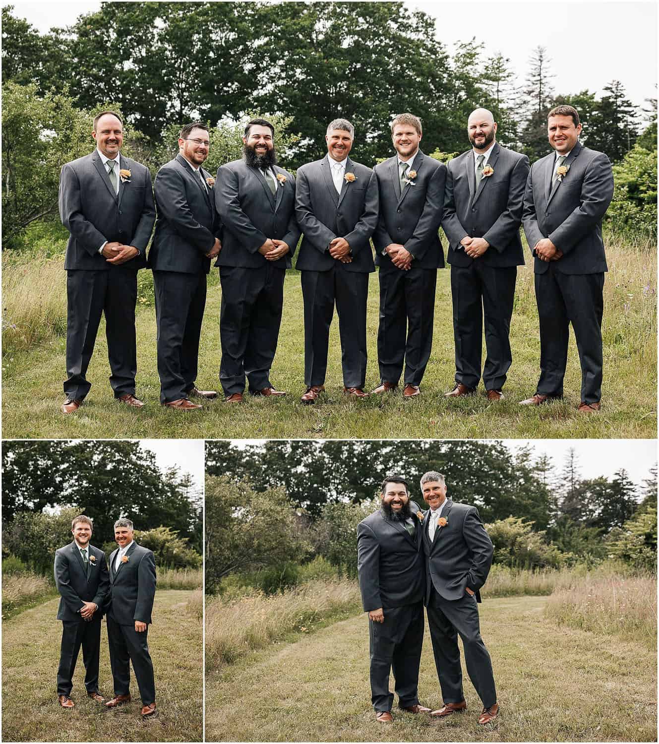 Photo collage of a groom with his groomsmen, standing in a field.
