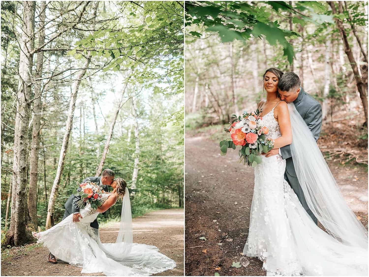 A photo collage of a bride and groom kissing and hugging.