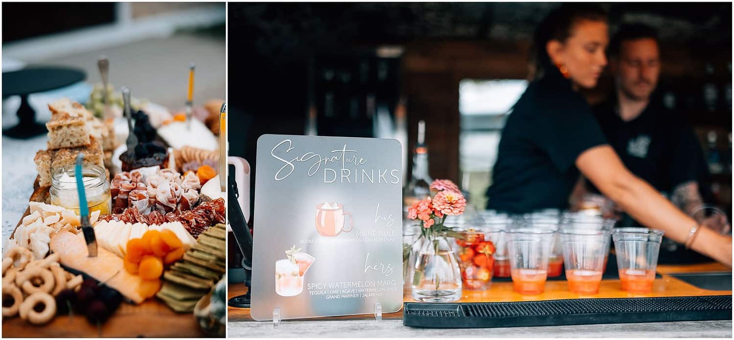 Two panel photo: on the left is a charcuterie board, on the right bartenders with a sign that reads, "signature drinks".