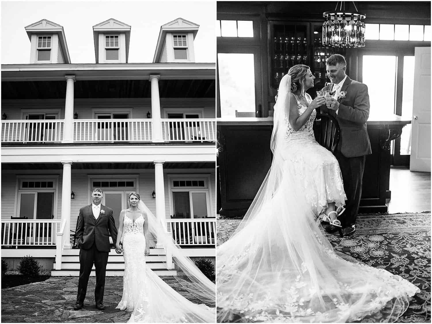 Two-panel image: on left, a bride and groom stand in front of a two-story house. On right, the couple shares a toast indoors.