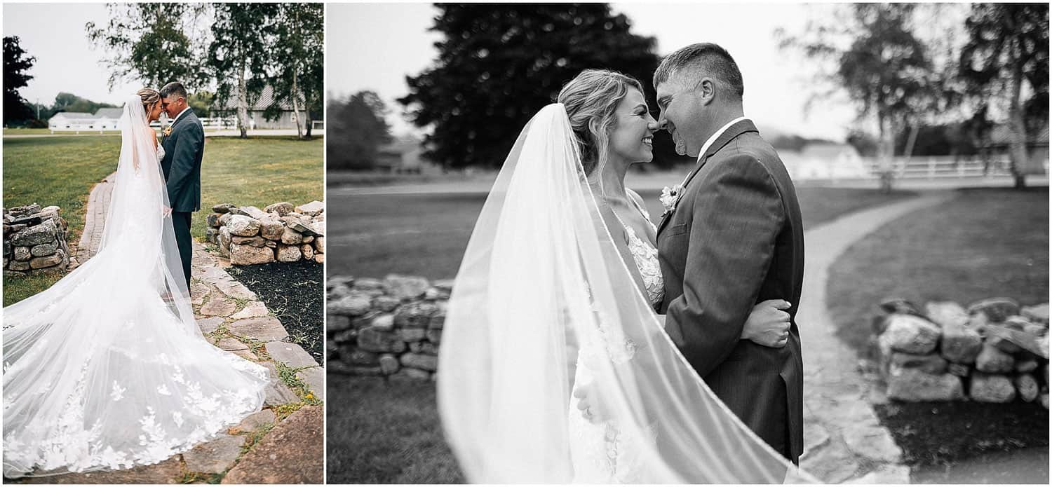 Two pictures of a bride and groom embracing - one in color and one in black and white.
