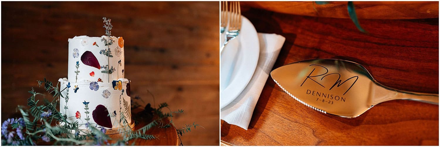 On the left a close up of a wedding cake surrounded by flowers and on the right a spoon with a newly married couple's name on it.