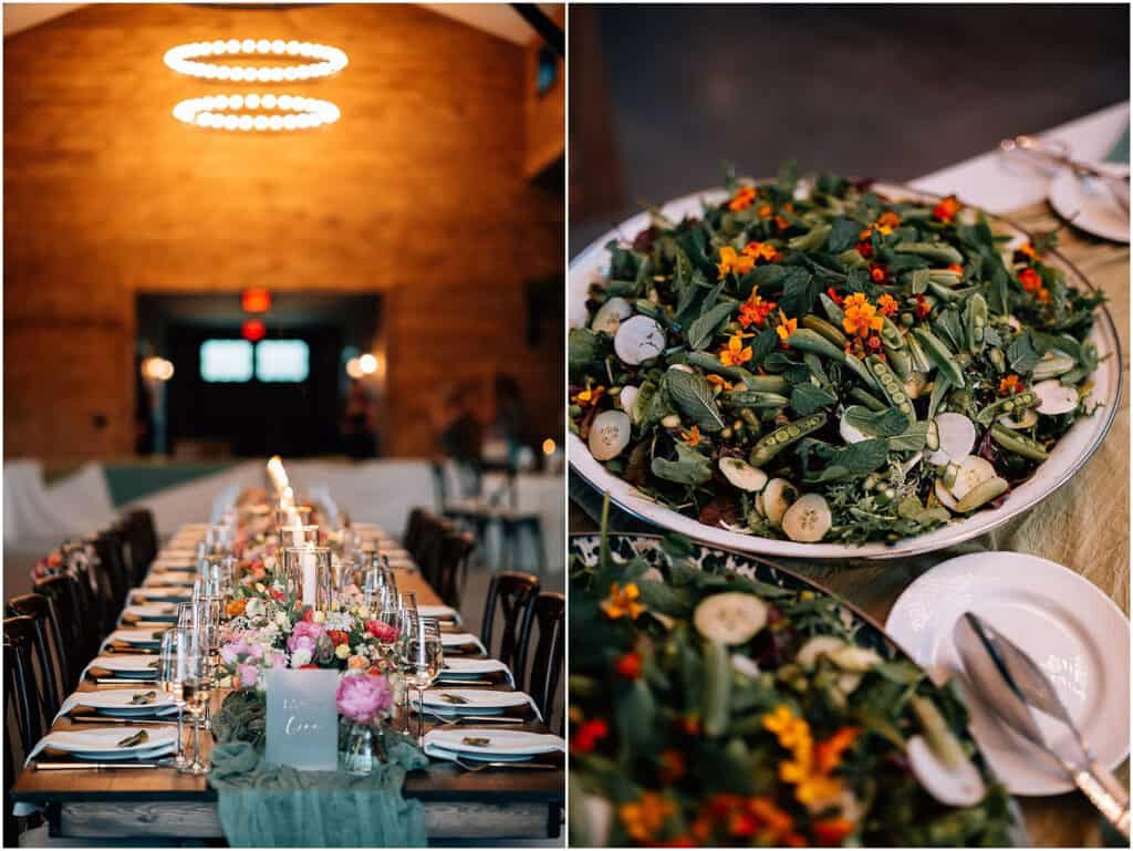 Luxury maine weddings, a fancy reception table on the left and a plate of salad on the right.