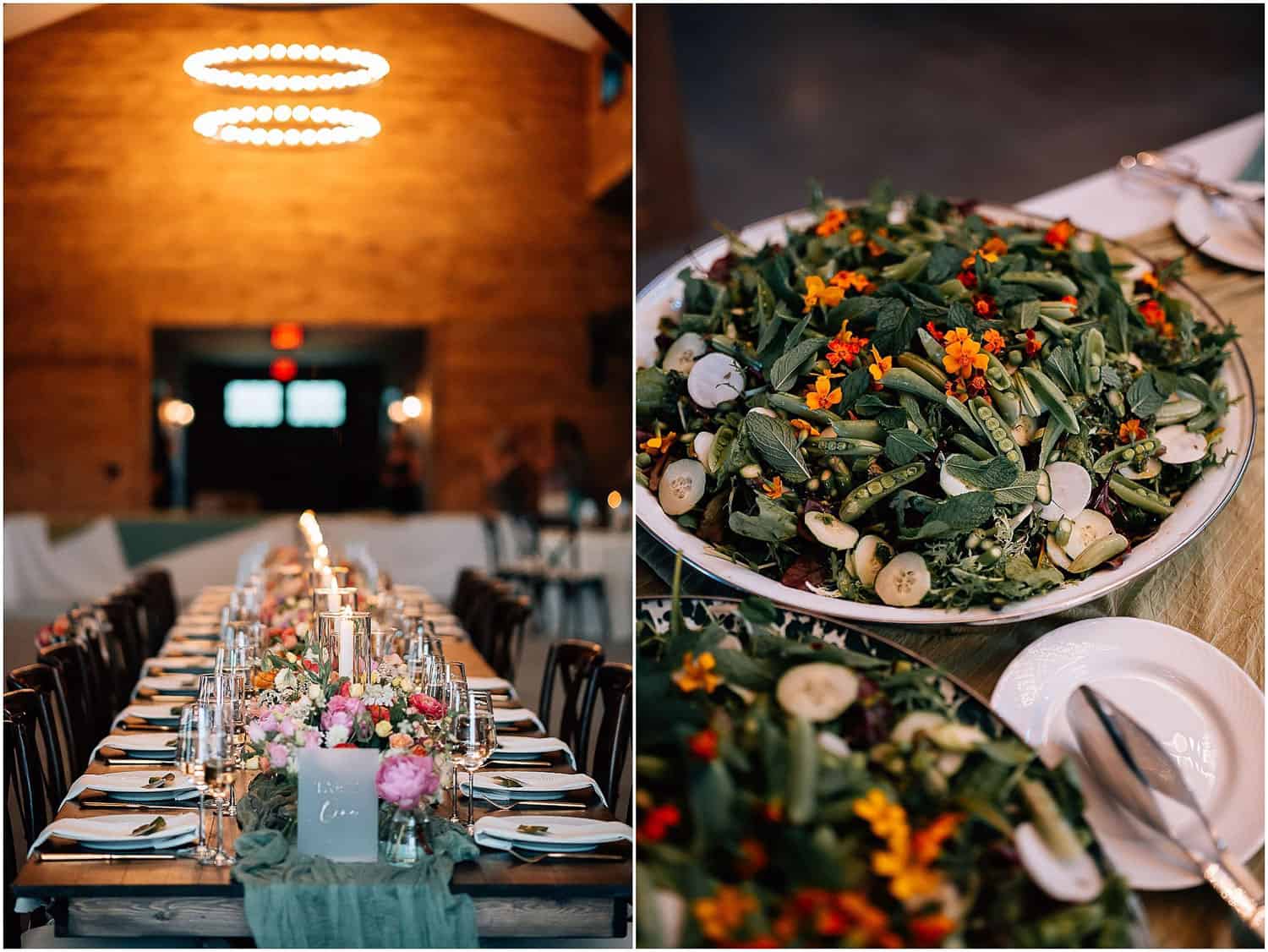 Luxury maine weddings, a fancy reception table on the left and a plate of salad on the right.