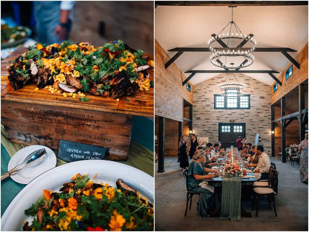 Luxury wedding weekend in maine, two photos - one a close up of a chicken dish, the other a long narrow reception table with guests eating in an elegant room.