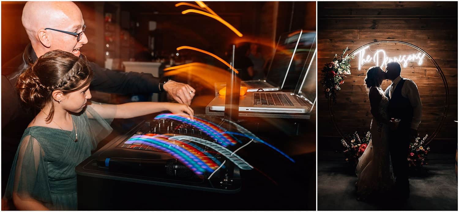 Photo collage of a man dj-ing with a laptop and a backlit photo of a bride and groom with flowers and their surname in lights.