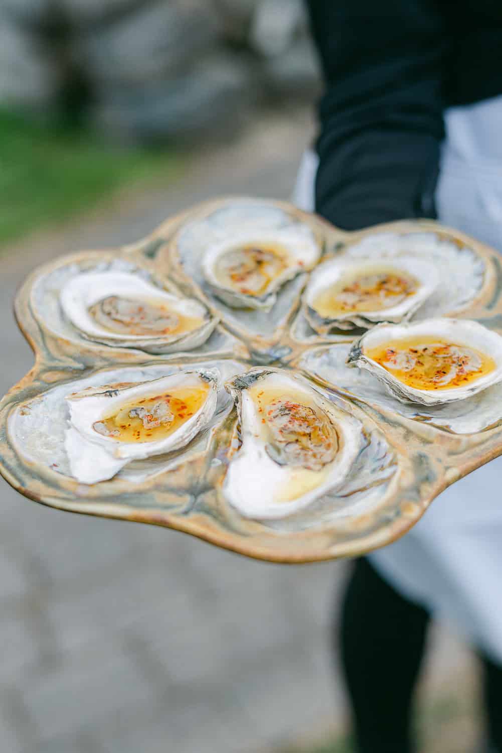 Maine coastal luxury wedding venues, a person holding a plate of six freshly shucked oysters, each topped with a seasoned sauce.