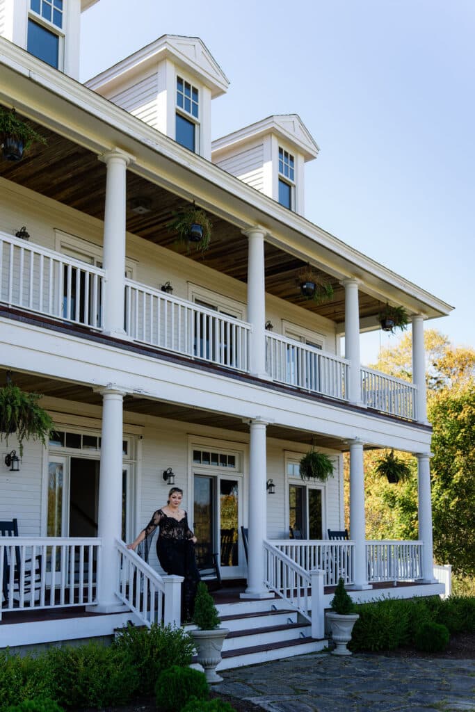 Best Maine Resorts For Weddings (Plus A Private Estate You Shouldn’t Miss) 2 Ash point estate maine resorts, bride in black lace dress walks out of the private estate