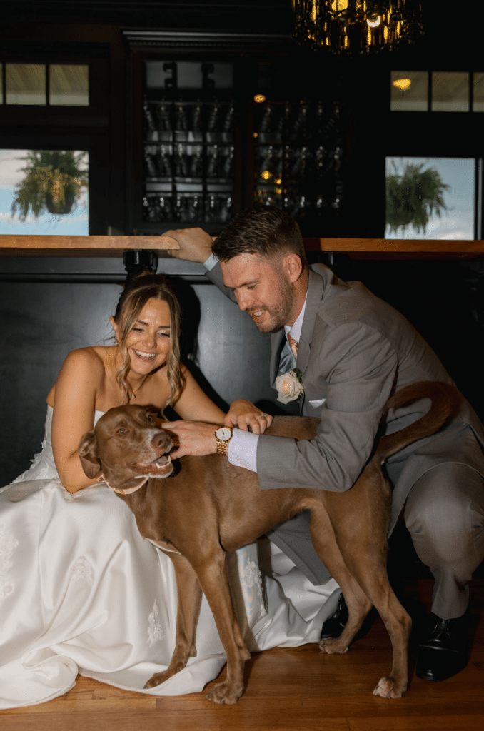 Ash point estate boothbay harbor, newlyweds crouch down and pet brown dog while posing for photo