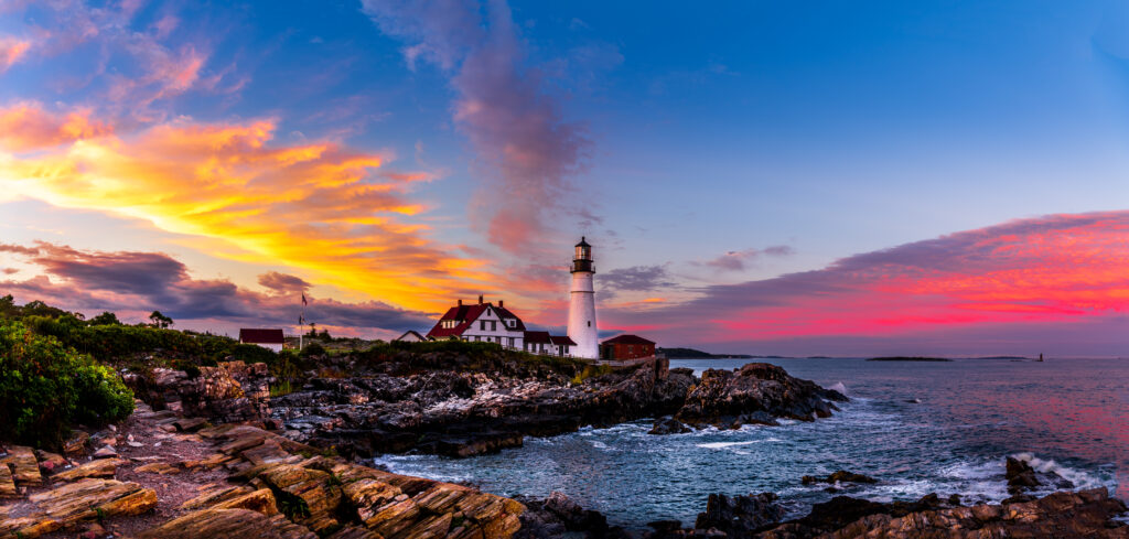 Portland, maine lighthouse at sunset, waterfront wedding venues in maine